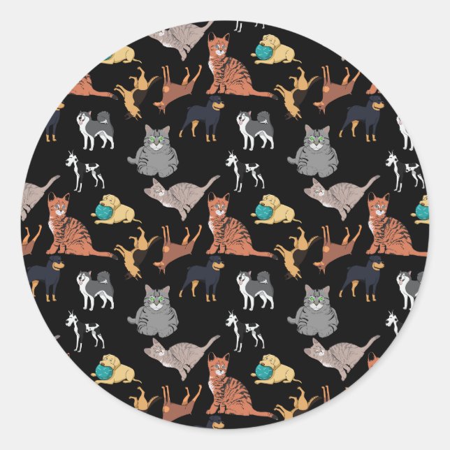 Pegatina Redonda Cats And Dogs Pattern Design On Black  (Anverso)