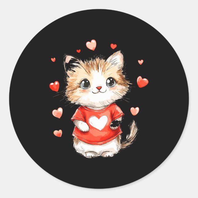 Pegatina Redonda Cats Lover Heart Girls Kitten Valentine’s Day Wome (Anverso)