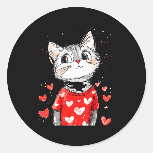 Pegatina Redonda Cats Lover Heart Girls Kitten Valentine’s Day Wome (Anverso)