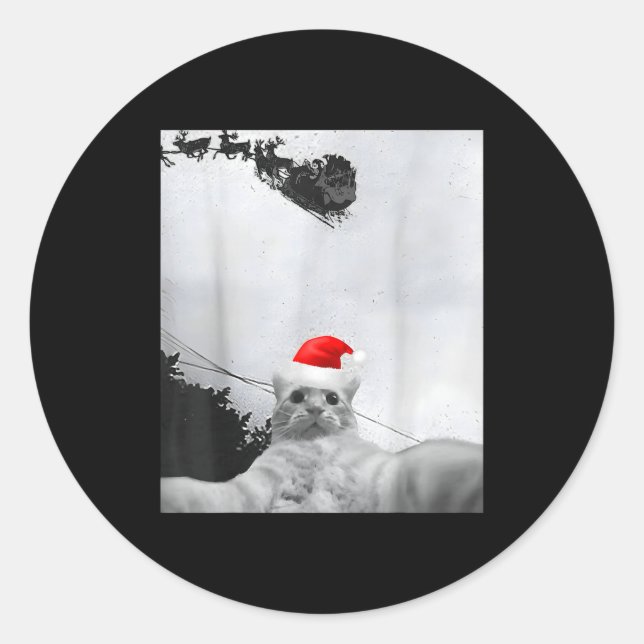Pegatina Redonda Cats Meme Funny Cat Selfie With Santa Hat Christma (Anverso)