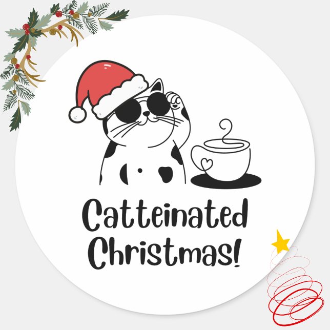 Pegatina Redonda Catteinated Christmas Coffee and Cat Lover Holiday (Subido por el creador)