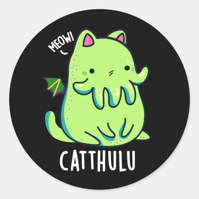 Pegatina Redonda Catthulu Funny Cthulhu Cat Pun Dark BG (Anverso)