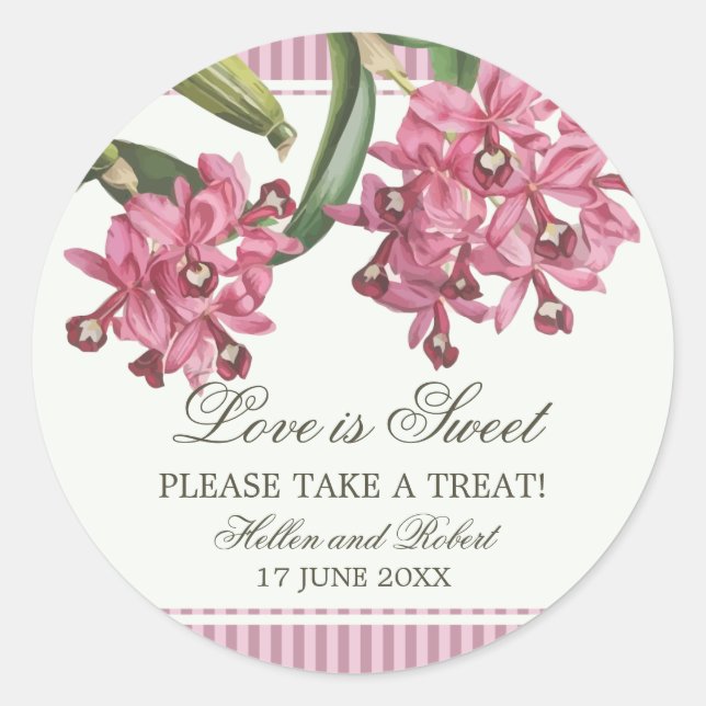 Pegatina Redonda Cattleya Pink Orchid Wedding Favor (Anverso)
