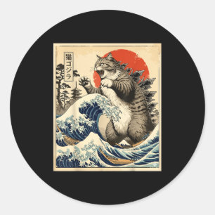 Pegatina Redonda Catzilla Arte Japonés Amante de Gatos Estampado Gr