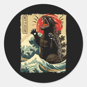 Pegatina Redonda Catzilla Cat Art Funny Cat Japonés Para Hombres Mu