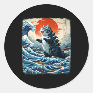 Pegatina Redonda Catzilla Cat Arte japonés Divertida aventura gata