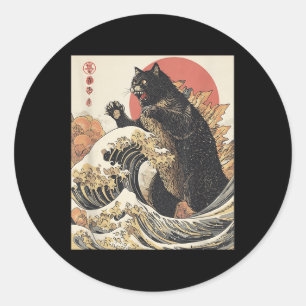 Pegatina Redonda Catzilla Cat Arte Japonés Gracioso Gato Para Hombr