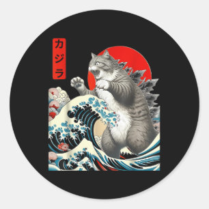 Pegatina Redonda Catzilla Cat Arte Japonés Gracioso Regalos De Gato