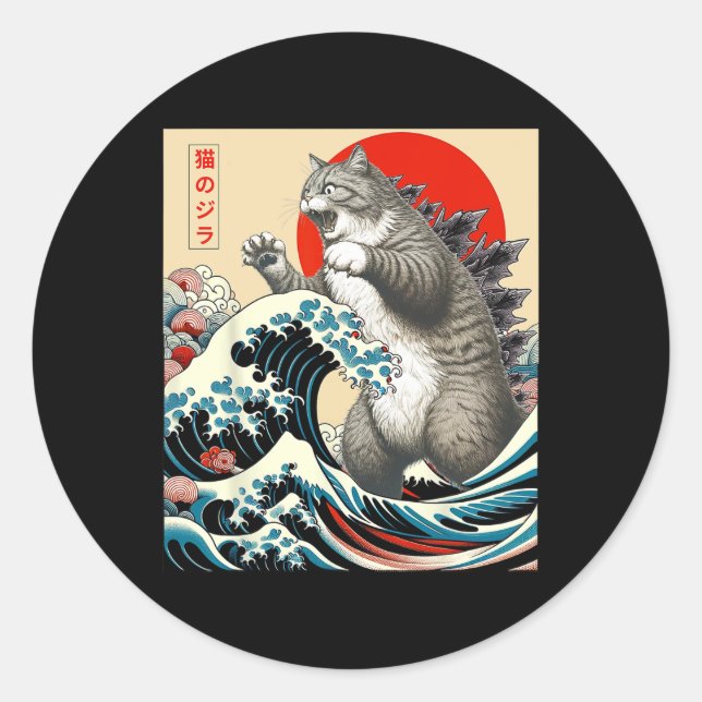Pegatina Redonda Catzilla Cat Arte Japonés Gracioso Regalos De Gato (Anverso)