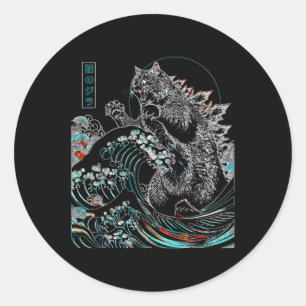 Pegatina Redonda Catzilla Cat Arte Japonés Gracioso Regalos De Gato
