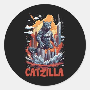 Pegatina Redonda Catzilla Cat City Skyline Funny