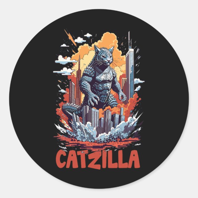 Pegatina Redonda Catzilla Cat City Skyline Funny (Anverso)