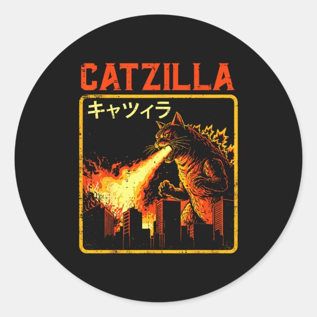 Pegatina Redonda Catzilla Cat Monster Funny Japanese Parody Women M (Anverso)