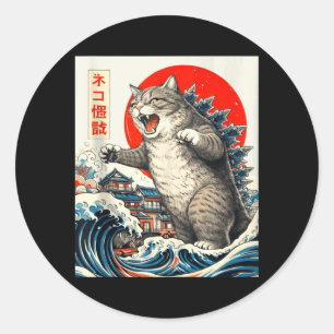 Pegatina Redonda Catzilla gato arte japonés gráfico divertido de ga