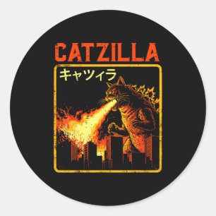 Pegatina Redonda Catzilla Gato Monstruo Divertido Parodia Japonesa 