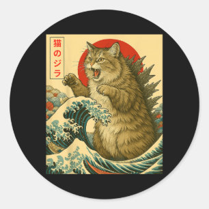 Pegatina Redonda Catzilla Gato Siberiano Arte Japonés Regalos Diver