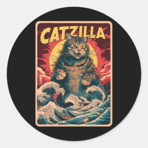 Pegatina Redonda Catzilla Gráfica divertida de gatos de arte japoné