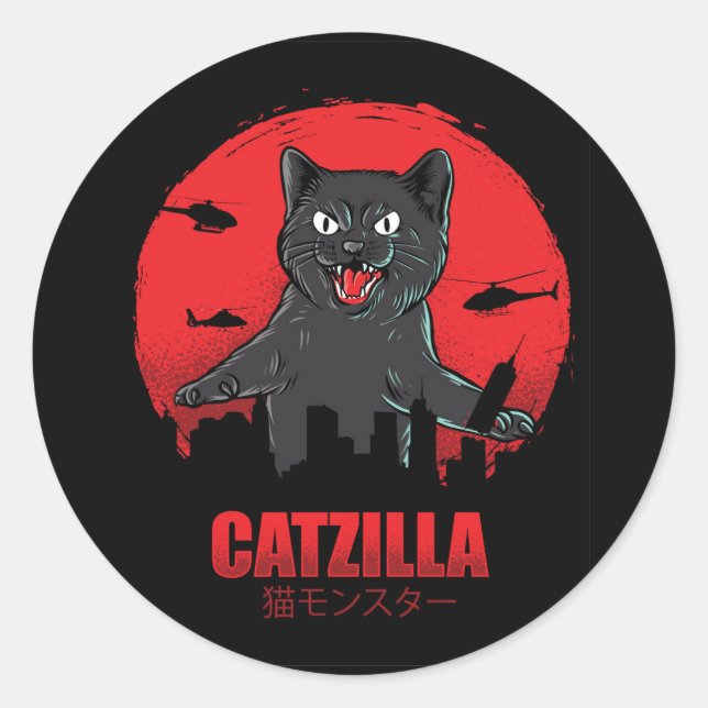 Pegatina Redonda Catzilla Monster Cat (Anverso)