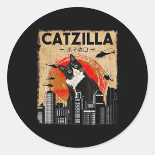 Pegatina Redonda Catzilla Vintage - Gato De Tuxedo Gracioso Y Gatit