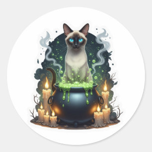 Pegatina Redonda Cauldron Siamese - Gato siamés mágico