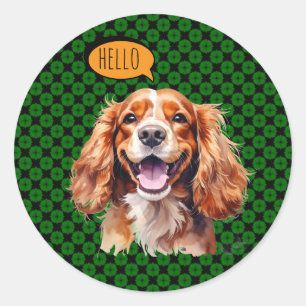 Pegatina Redonda Cavalier King Charles Spaniel alegre en acuarela