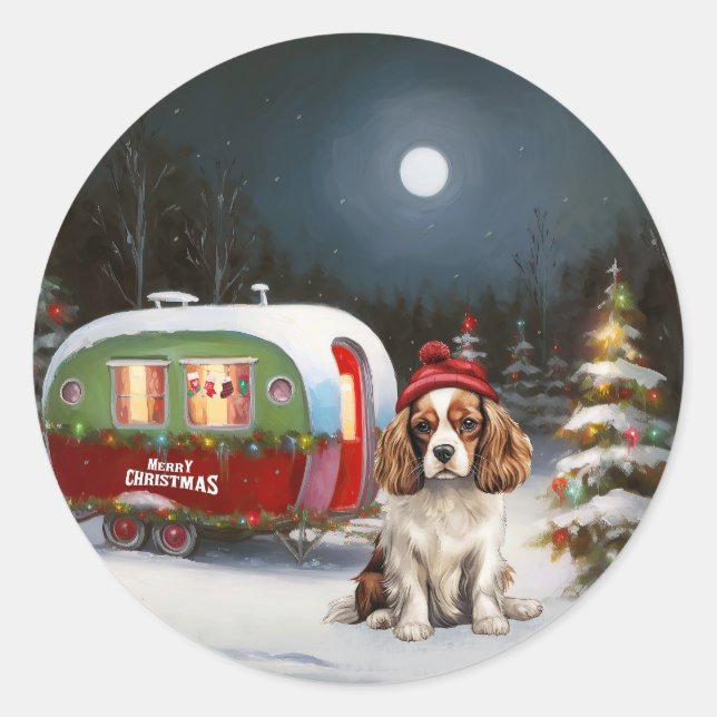 Pegatina Redonda Cavalier King Charles Spaniel Caravana Navidad  (Anverso)