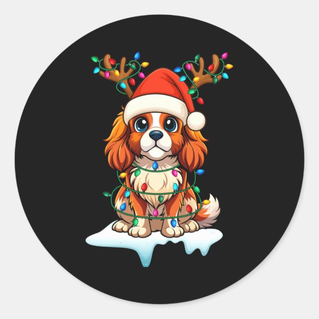 Pegatina Redonda Cavalier King Charles Spaniel Christmas Reindeer P (Anverso)