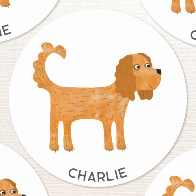 Pegatina Redonda Cavalier King Charles Spaniel Dog Personalizado (Fun Spaniel dog personalized name sticker)