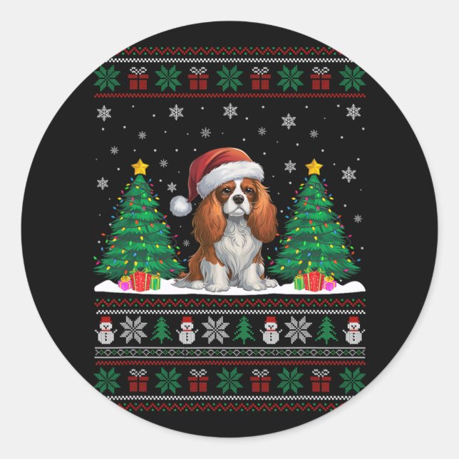 Pegatina Redonda Cavalier King Charles Spaniel Dog Xmas Tree Luces (Anverso)