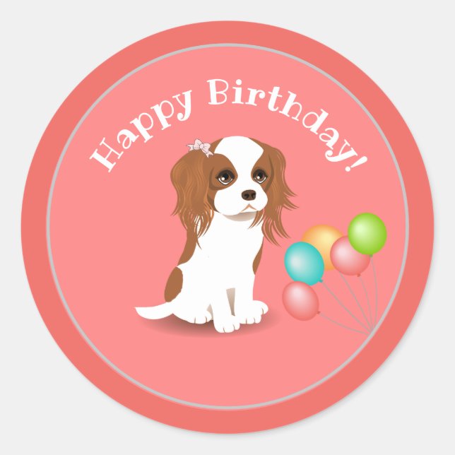 Pegatina Redonda Cavalier King Charles Spaniel Pink Happy Birday (Anverso)