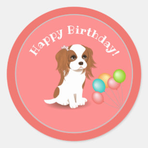 Pegatina Redonda Cavalier King Charles Spaniel Pink Happy Birday