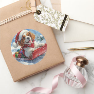 Pegatina Redonda Cavalier King Charles Spaniel Trineo Navidad