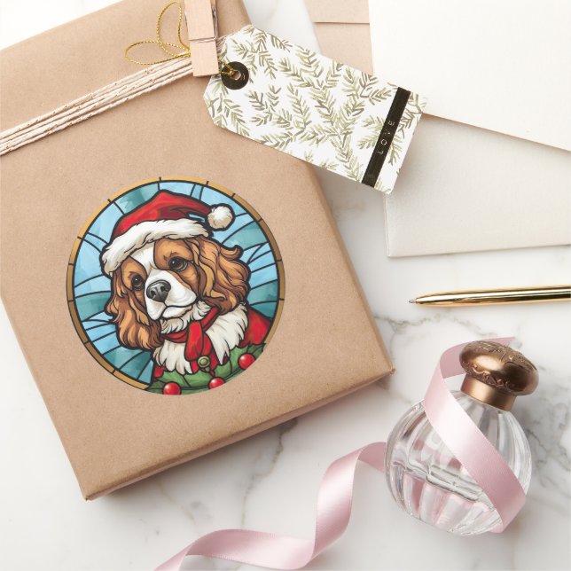 Pegatina Redonda Cavalier King Charles Spaniel Vidrio Navidad (Regalar)