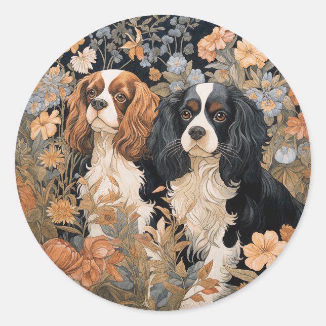 Pegatina Redonda Cavalier King Charles Spaniels Tapestry Style (Anverso)