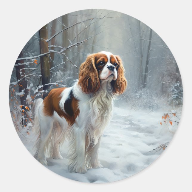 Pegatina Redonda Cavalier King Deja que nieve Navidad Cepillada (Anverso)