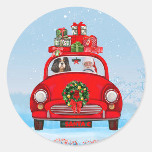Pegatina Redonda Cavalier King Dog En Coche Con Santa Claus