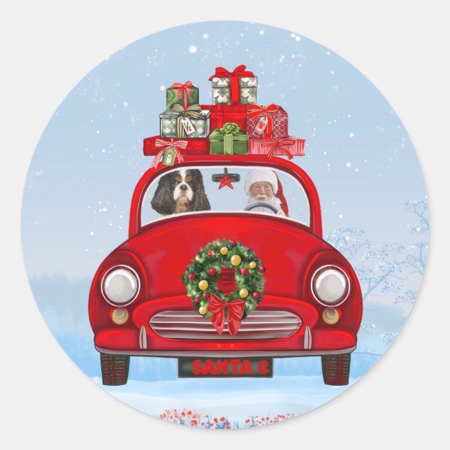 Pegatina Redonda Cavalier King Dog En Coche Con Santa Claus (Anverso)
