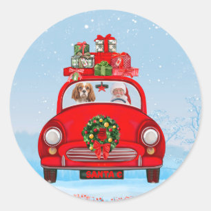 Pegatina Redonda Cavalier King Dog En Coche Con Santa Claus