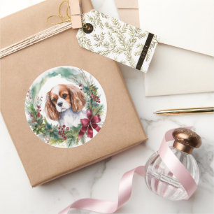 Pegatina Redonda Cavalier King Navidades Wreath Festimes Pup