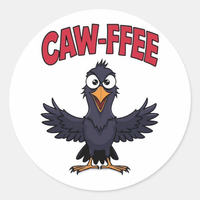 Pegatina Redonda CAW-FFEE Funny Crow Coffee Lover (Anverso)