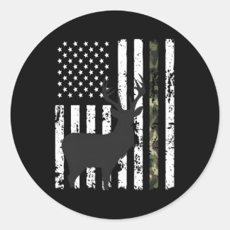 Pegatina Redonda Caza de ciervos Bandera Americana Whitetail Buck C