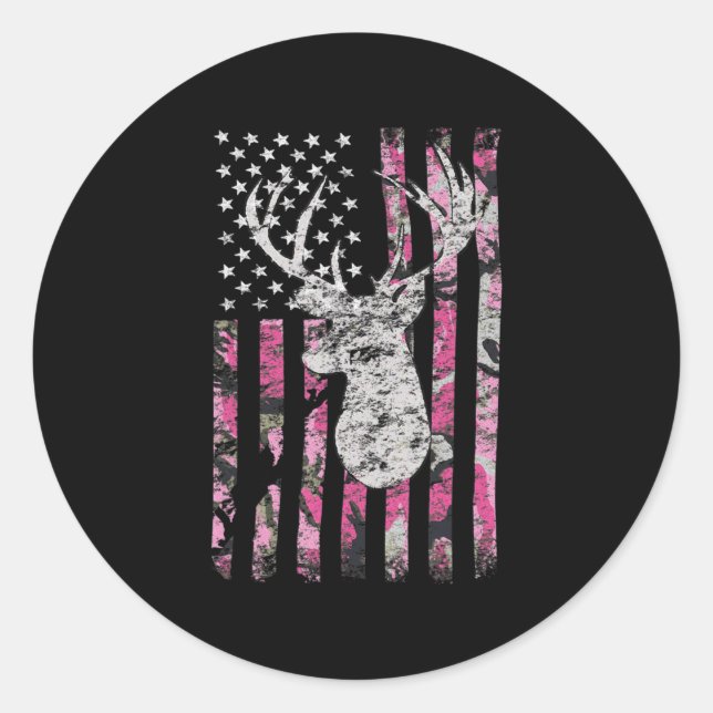 Pegatina Redonda Caza de ciervos Camo Bandera Americana Pink Buck (Anverso)