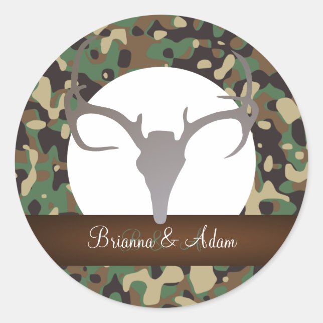 Pegatina Redonda Caza personalizada Antlers Camo Boda (Anverso)