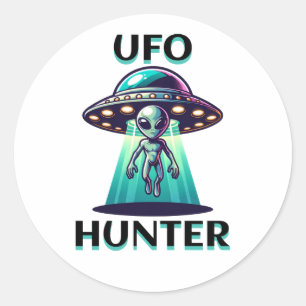 Pegatina Redonda Cazador de OVNI   Ai Art con OVNI y Alien