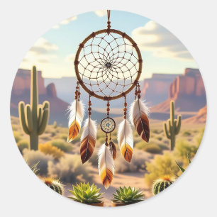 Pegatina Redonda Cazador de sueños, cañones del desierto, cactus