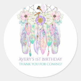 Pegatina Redonda Cazador de sueños étnico boho hadas plumas pastel