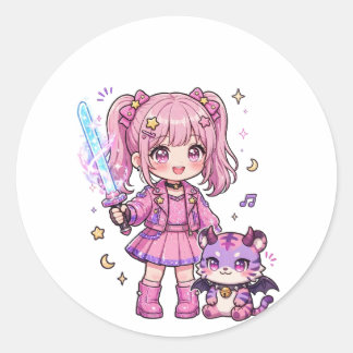 Pegatina Redonda Cazadora de demonios kawaii rosa linda con espada