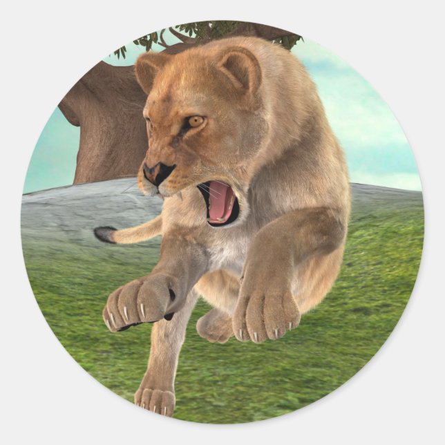 Pegatina Redonda Cazando a la leona (Anverso)