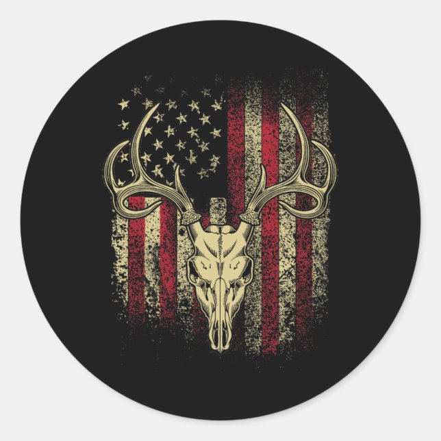 Pegatina Redonda Cazas Y Cráneo En Un Deer H De Bandera Estadounide (Anverso)
