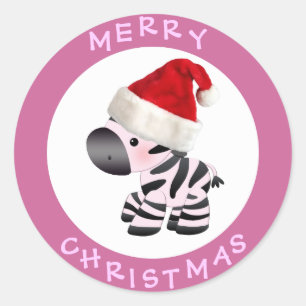 Pegatina Redonda Cebra de Santa Hat Pink Christmas Stickers